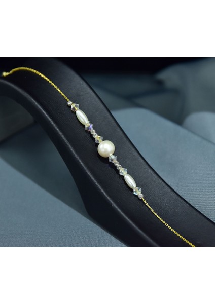 925 Ayar Gümüş Gold Kaplama Zarif Incili, Beyaz Boncuklu Bileklik modelleri