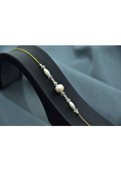 925 Ayar Gümüş Gold Kaplama Zarif Incili, Beyaz Boncuklu Bileklik fırsatları