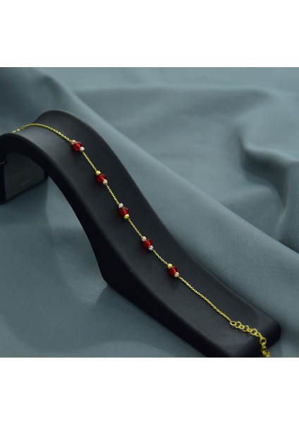 925 Ayar Gümüş Gold Kaplama Zarif Kırmızı Renk Boncuklu, Dorika Toplu Bileklik