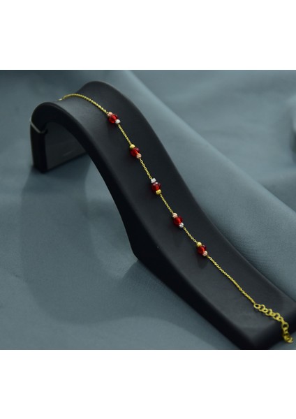 925 Ayar Gümüş Gold Kaplama Zarif Kırmızı Renk Boncuklu, Dorika Toplu Bileklik modelleri
