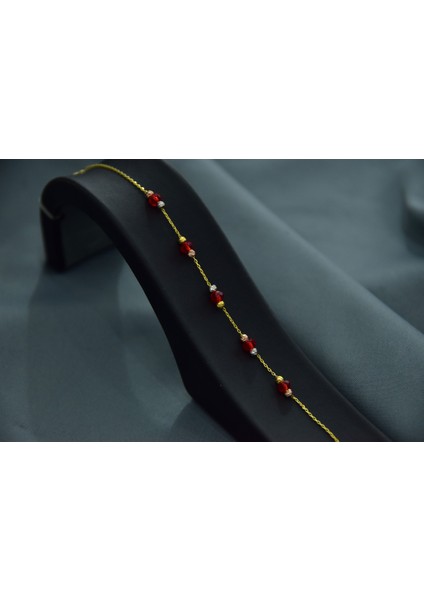 925 Ayar Gümüş Gold Kaplama Zarif Kırmızı Renk Boncuklu, Dorika Toplu Bileklik fırsatları