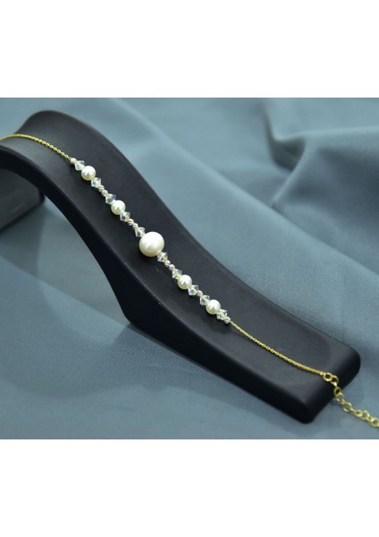 925 Ayar Gümüş Gold Kaplama Zarif Incili Dorika Toplu Beyaz Boncuklu Bileklik