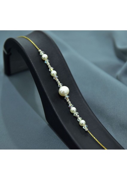 925 Ayar Gümüş Gold Kaplama Zarif Incili Dorika Toplu Beyaz Boncuklu Bileklik fiyatları