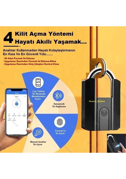 Parmak Izle Açılan Hava Şartlarına Uyumlu Çinko Alışım Akıllı Asma Kilit (Şarjlı+Parmak Iziyle Açma+Cep Telefon Ile Açma+Manual Açma)