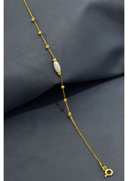 925 Ayar Gümüş Gold Kaplama Dorika Toplu , Elips Inci Görünümlü Boncuk Bileklik