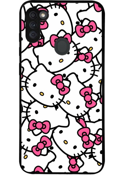 Samsung Galaxy A11 ile Uyumlu Silikon Arkası Cam Kapak Hello Kitty Tasarımlı Cam Kılıf
