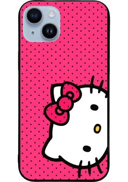 Apple iPhone 14 Plus ile Uyumlu Silikon Arkası Cam Kapak Hello Kitty Tasarımlı Cam Kılıf