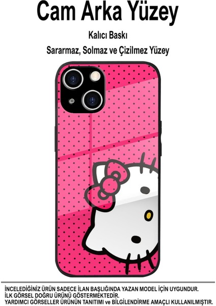 Apple iPhone 14 Plus ile Uyumlu Silikon Arkası Cam Kapak Hello Kitty Tasarımlı Cam Kılıf