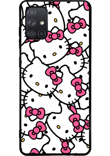 Samsung Galaxy A71 ile Uyumlu Silikon Arkası Cam Kapak Hello Kitty Tasarımlı Cam Kılıf
