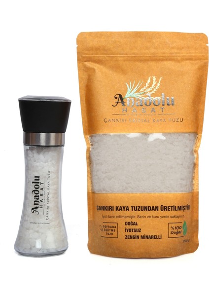 Çankırı Kristal Sofrada Öğütme Kaya Tuzu 1kg + Seramik Bıçaklı Baharat ve Tuz Değirmeni Öğütücü