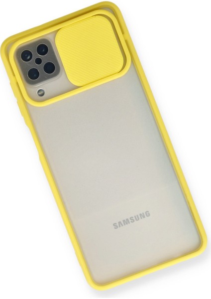Samsung Galaxy M12 Kılıf Palm Buzlu Kamera Sürgülü Silikon - Sarı 300099