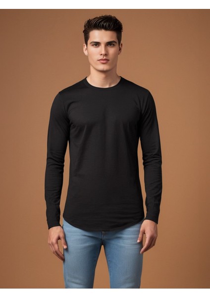 Uzun Kollu Tişört Basic Bisiklet Yaka Erkek  T-Shirt | Oval Kesim Regular Fit Lıkrali TBL5001