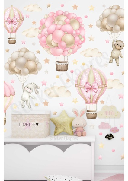 Soft Pembe Bej Tonlarda Uçan Balon Macerası Çocuk Odası Duvar Sticker Seti