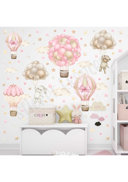 Soft Pembe Bej Tonlarda Uçan Balon Macerası Çocuk Odası Duvar Sticker Seti fiyatları