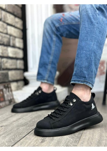BA0331 Bağcıklı Erkek Yüksek Taban Siyah Cilt Spor Ayakkabı