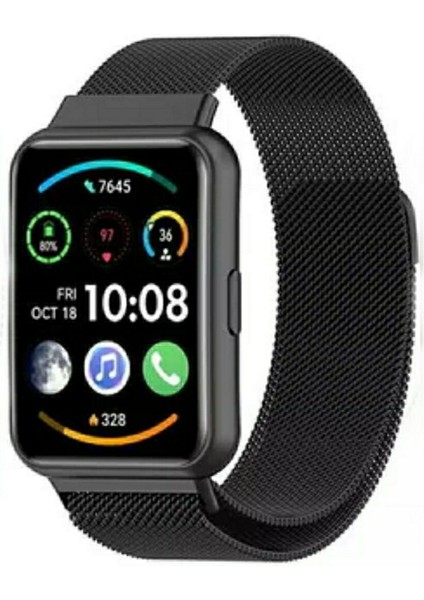 Huawei Watch Fit 2 Uyumlu Mıktatıslı Hasır Metal Kordon , Direkt Takmalı Modeldir Siyah