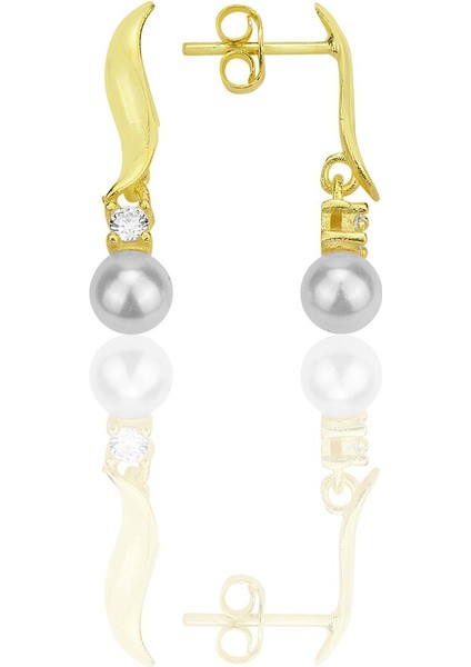 Gümüş Altın Yaldızlı Inci ve Zirkon Taşlı Dalga Küpe SGTL12315GOLD