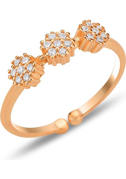 Gümüş Rose Zirkon Taşlı Alttan Ayarlanabilir Tria Çiçek Yüzük SGTL12308ROSE