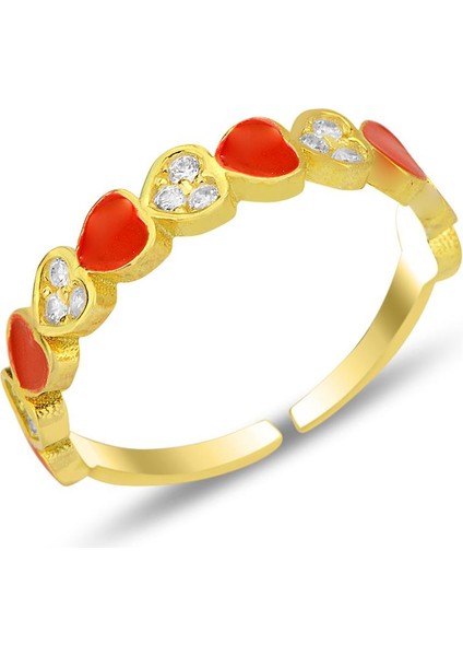 Gümüş Altın Yaldızlı Zirkon Taşlı Alttan Ayarlanabilir Kırmızı Mineli Kalp Yüzük SGTL12311GOLD