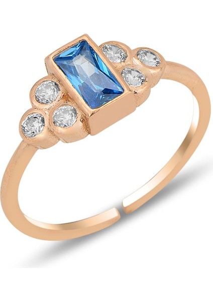 Gümüş Rose Akuamarin Baget Taşlı Alttan Ayarlanabilir Yüzük SGTL12307ROSE