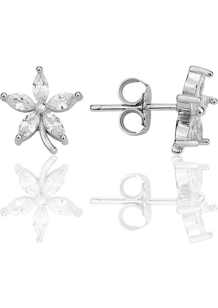 Gümüş Rodyumlu Mekik Kesim Zirkon Taşlı Lotus Küpe SGTL12336RODAJ