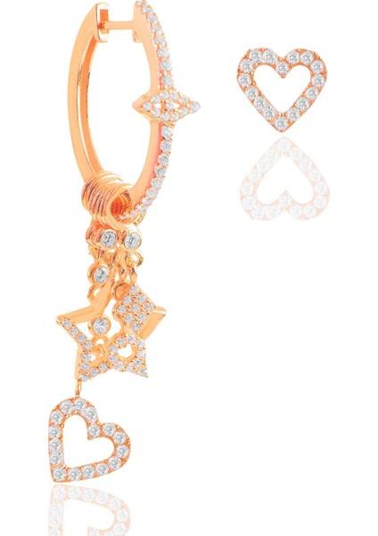 Gümüş Rose Zirkon Taşlı Kalp Modeli Şans Küpe SGTL12390ROSE