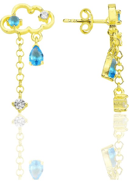 Gümüş Altın Yaldızlı Akuamarin ve Zirkon Taşlı Bulut Küpe SGTL12346GOLD