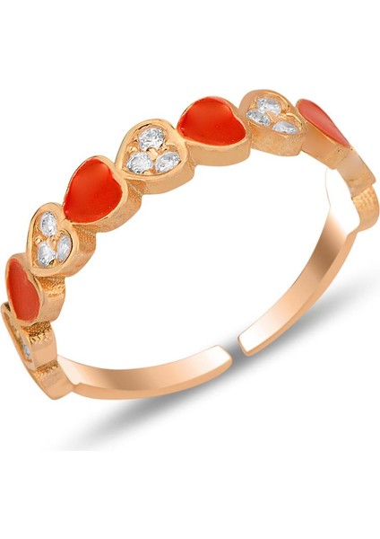 Gümüş Rose Zirkon Taşlı Alttan Ayarlanabilir Kırmızı Mineli Kalp Yüzük SGTL12311ROSE