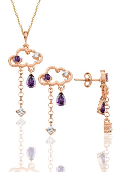 Gümüş Rose Ametis ve Zirkon Taşlı Bulut Kolye ve Küpe Ikili Set SGTL12354ROSE
