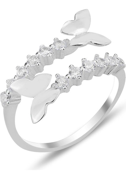 Gümüş Rodyumlu Zirkon Taşlı Üstten Ayarlanabilir Uçuşan Kelebekler Yüzük SGTL12304RODAJ