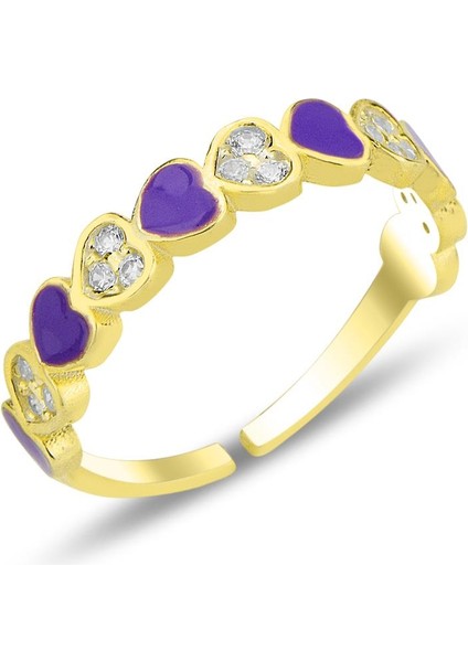 Gümüş Altın Yaldızlı Zirkon Taşlı Alttan Ayarlanabilir Mor Mineli Kalp Yüzük SGTL12310GOLD