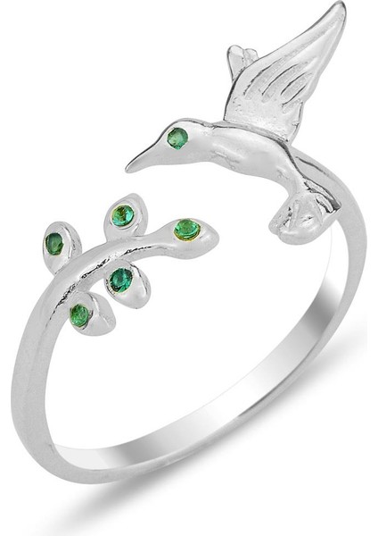Gümüş Rodyumlu Yeşil Taşlı Üstten Ayarlanabilir Kırlangıç Yüzük SGTL12305RODAJ