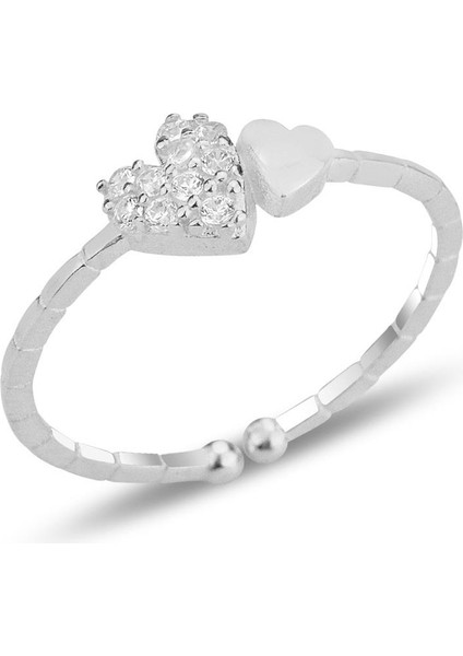 Gümüş Rodyumlu Zirkon Taşlı Alttan Ayarlanabilir Bitişik Kalpler Yüzük SGTL12306RODAJ