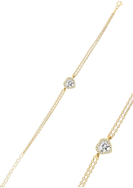 Gümüş Altın Yaldızlı Pırlanta Modeli Zirkon Taşlı Kalp Bileklik SGTL12395GOLD