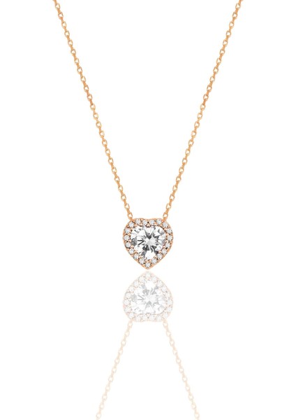 Gümüş Rose Pırlanta Modeli Zirkon Taşlı Kalp Kolye SGTL12393ROSE