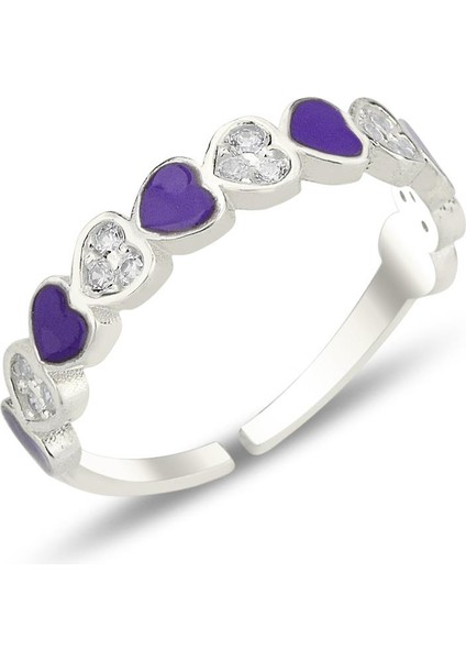 Gümüş Rodyumlu Zirkon Taşlı Alttan Ayarlanabilir Mor Mineli Kalp Yüzük SGTL12310RODAJ