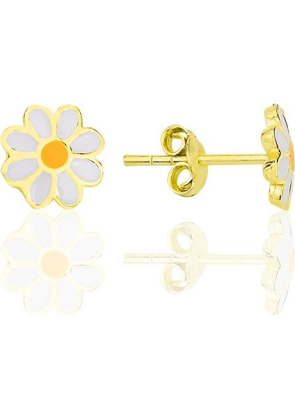 Gümüş Altın Yaldızlı Mineli Papatya Çocuk Küpesi SGTL12366GOLD