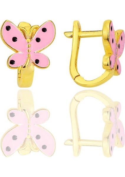 Gümüş Altın Yaldızlı Pembe Mineli Kelebek Çocuk Küpesi SGTL12368GOLD