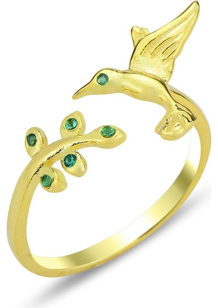 Gümüş Altın Yaldızlı Yeşil Taşlı Üstten Ayarlanabilir Kırlangıç Yüzük SGTL12305GOLD