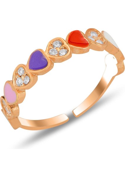 Gümüş Rose Zirkon Taşlı Alttan Ayarlanabilir Renkli Mineli Kalp Yüzük SGTL12309ROSE