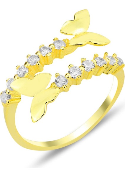 Gümüş Altın Yaldızlı Zirkon Taşlı Üstten Ayarlanabilir Uçuşan Kelebekler Yüzük SGTL12304GOLD