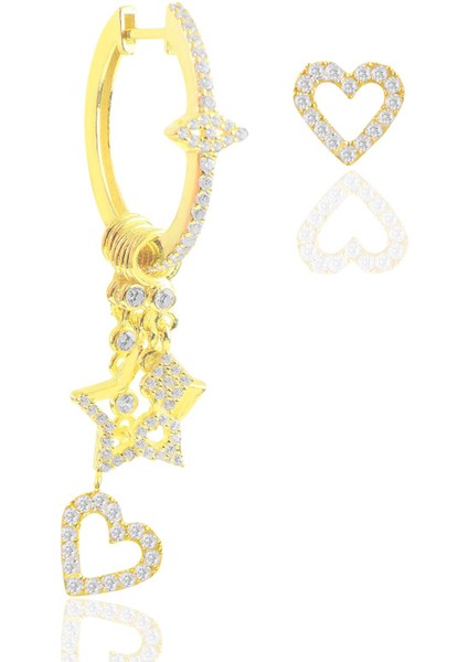 Gümüş Altın Yaldızlı Zirkon Taşlı Kalp Modeli Şans Küpe SGTL12390GOLD