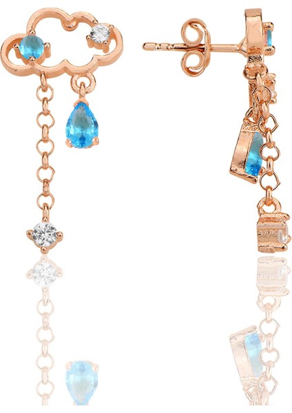 Gümüş Rose Akuamarin ve Zirkon Taşlı Bulut Küpe SGTL12346ROSE