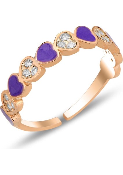 Gümüş Rose Zirkon Taşlı Alttan Ayarlanabilir Mor Mineli Kalp Yüzük SGTL12310ROSE