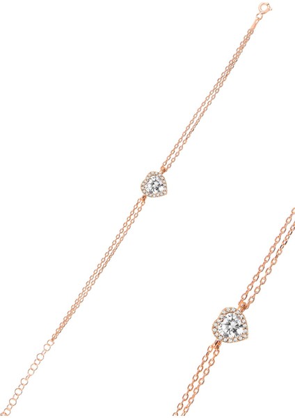 Gümüş Rose Pırlanta Modeli Zirkon Taşlı Kalp Bileklik SGTL12395ROSE
