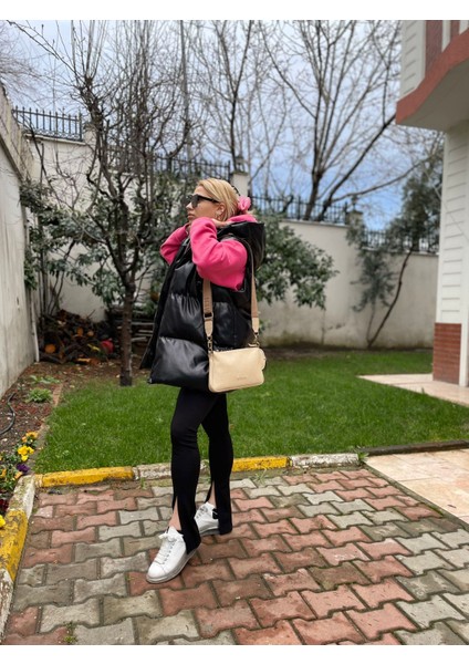 Gokili Butik Kadın Oversize Model Siyah Deri Yelek