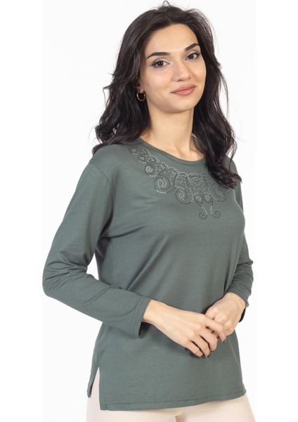 Yeni Model Taş Işlemeli Yuvarlak Yaka Likralı Anne Penye Bluz 6420 fırsatları