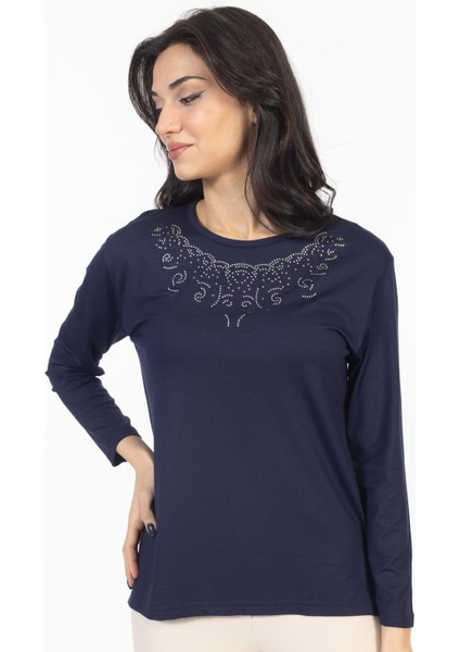 Yeni Model Taş Işlemeli Yuvarlak Yaka Likralı Anne Penye Bluz 6420 fiyatları