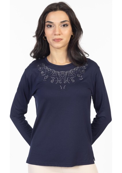Yeni Model Taş Işlemeli Yuvarlak Yaka Likralı Anne Penye Bluz 6420 modelleri