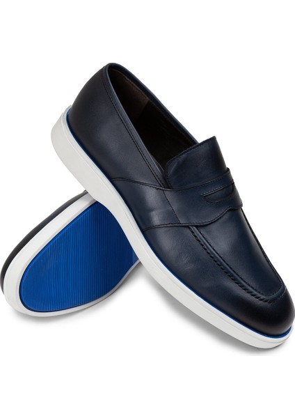 Mavi Deri Erkek Loafer Ayakkabı Kauçuk Tabanlı Dört Mevsim Kullanım 3 cm Topuk modelleri